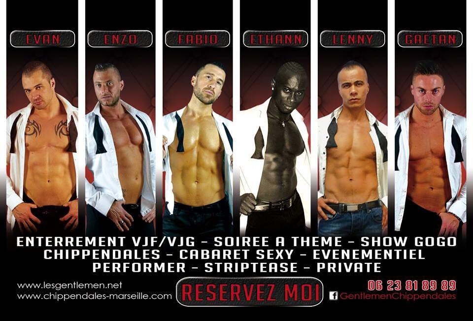 Flyer des Gentlemen Striptease avec six chippendales à Marseille : Evan, Enzo, Fabio, Ethann, Lenny et Gaëtan