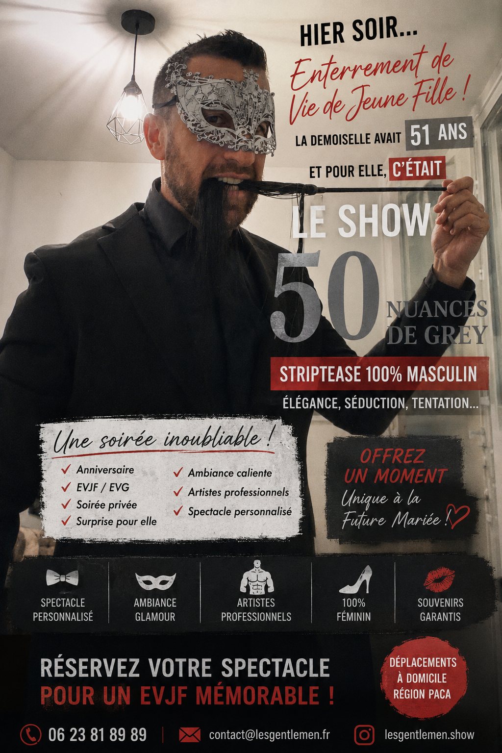 Stripteaseur masqué des Gentlemen Striptease lors d'un EVJF 50 Nuances de Grey en PACA