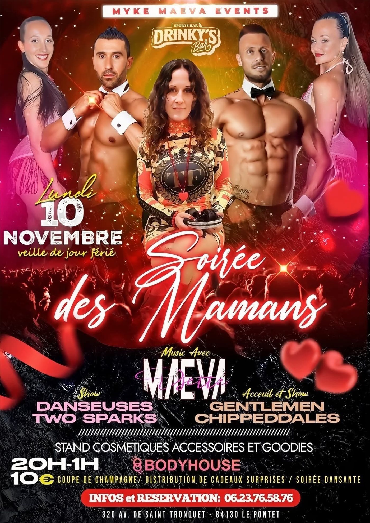 Flyer de la Soirée des Mamans avec chippendales Les Gentlemen au Drinky's Bar du Pontet près d'Avignon le 10 novembre