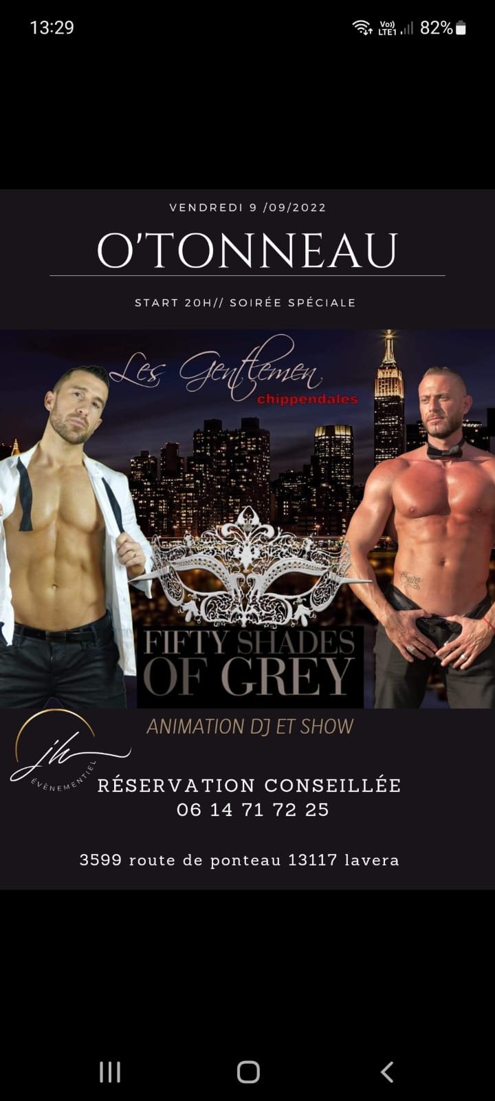 Deux chippendales des Gentlemen sur le flyer de la soirée Fifty Shades of Grey au O'Tonneau à Lavéra