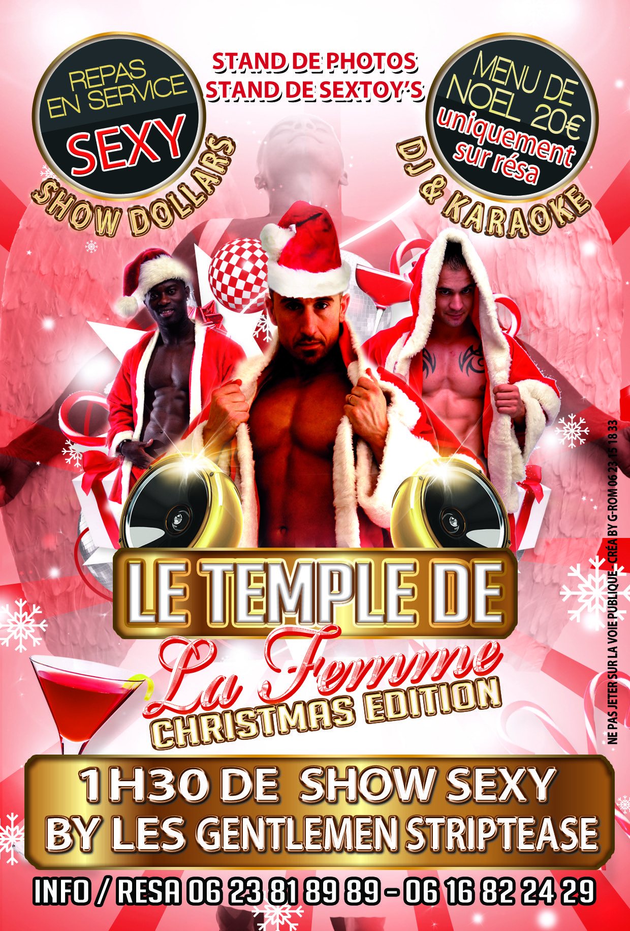Flyer Christmas Edition Les Gentlemen Striptease, trois chippendales en Père Noël pour une soirée de Noël en PACA